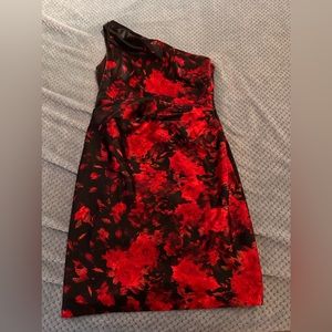 Polyester red and black one shoulder dress. Very cute. Used once size 10